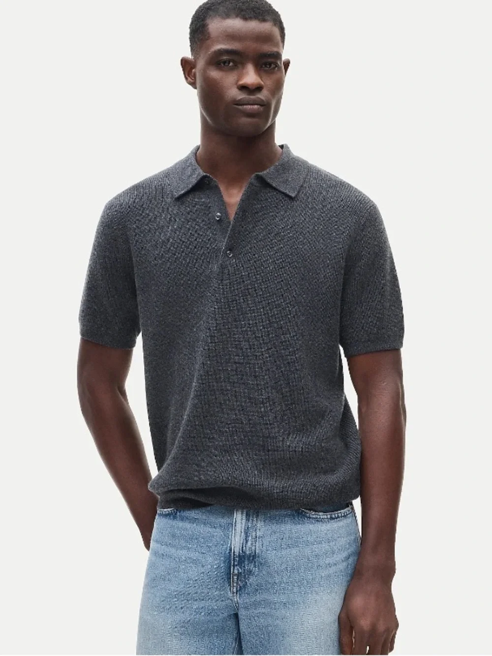 J crew Short-sleeve cashmere rib-knit sweater-polo heather charcoal
